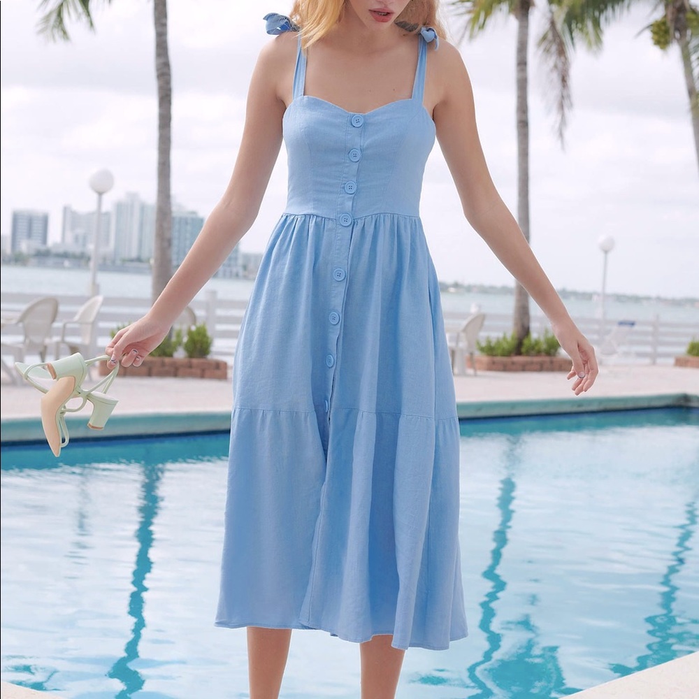 Urban Outfitters Blue Positano Button Down Linen Dress